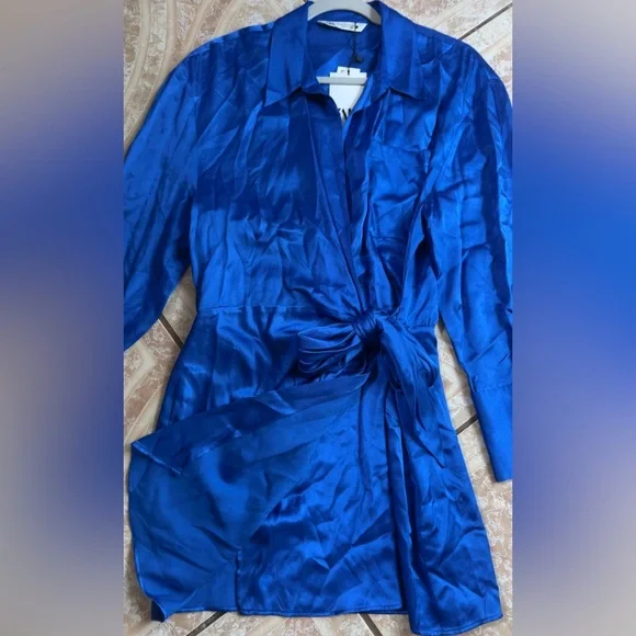 Zara Blue Wrap Around Long Sleeve Dress with Elegant Draping - Picture 5 of 11